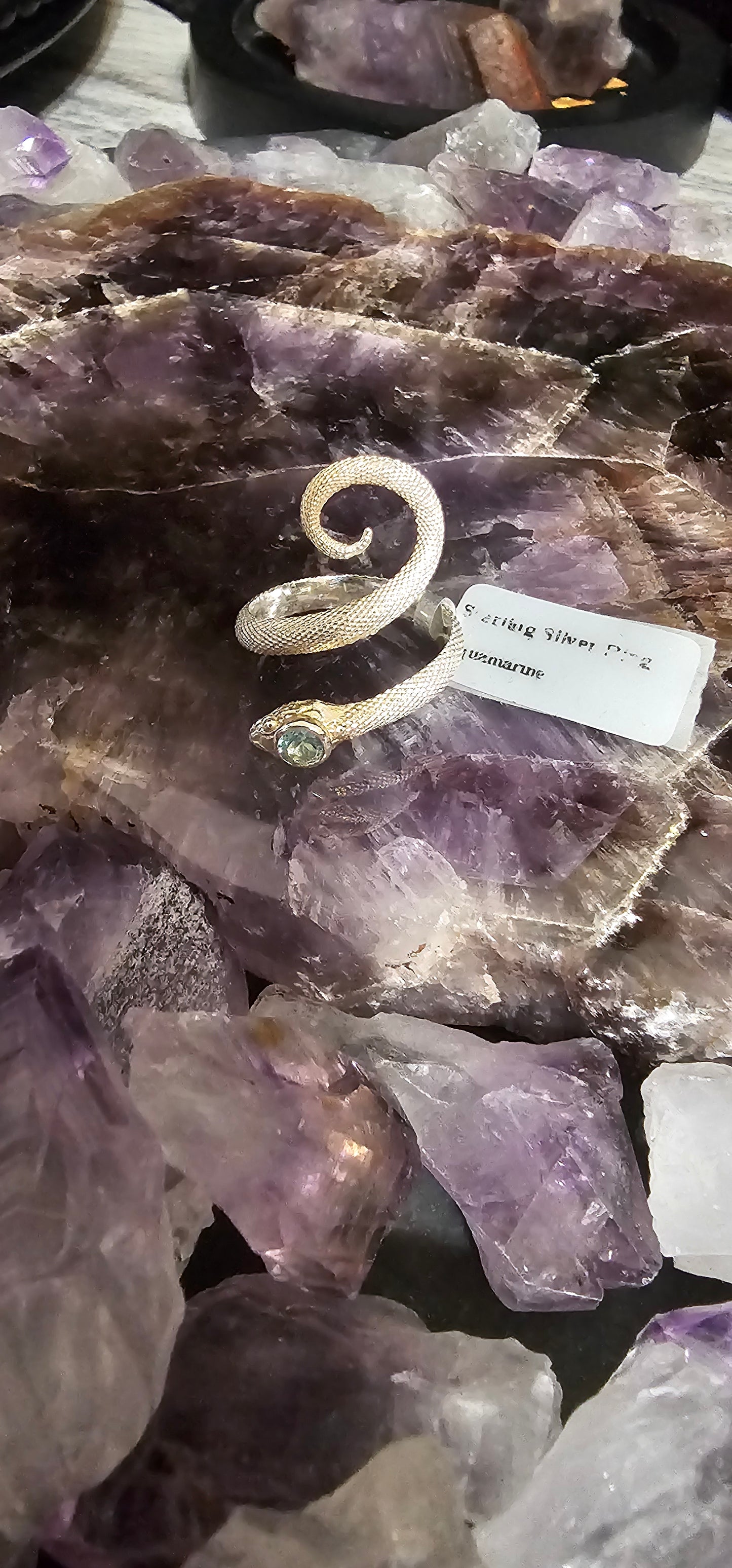 Aquamarine -Coiled Snake Ring with Faceted Aquamarine in Sterling Silver -size 7