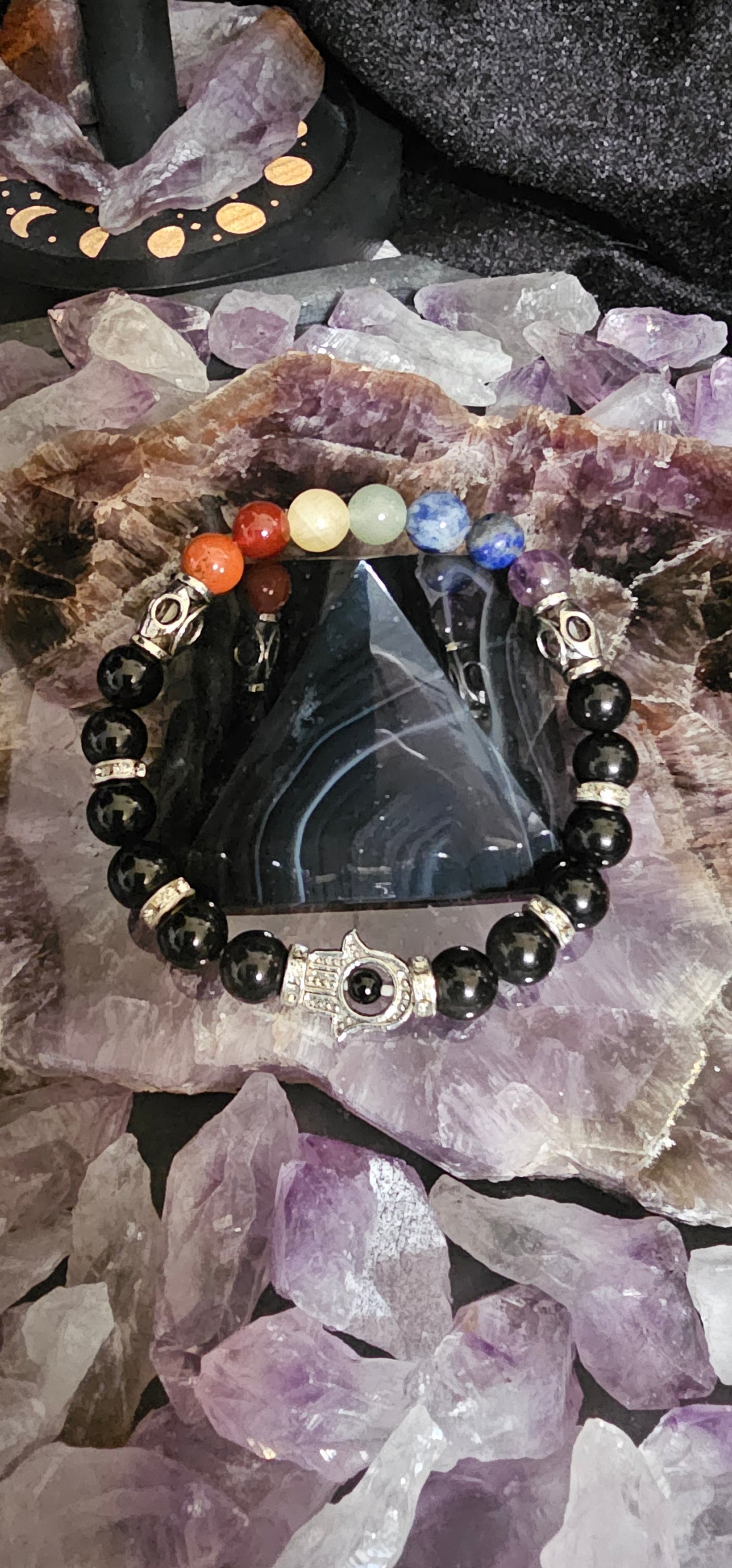 Black Obsidian Hamsa/Chakra Bracelet 8mm
