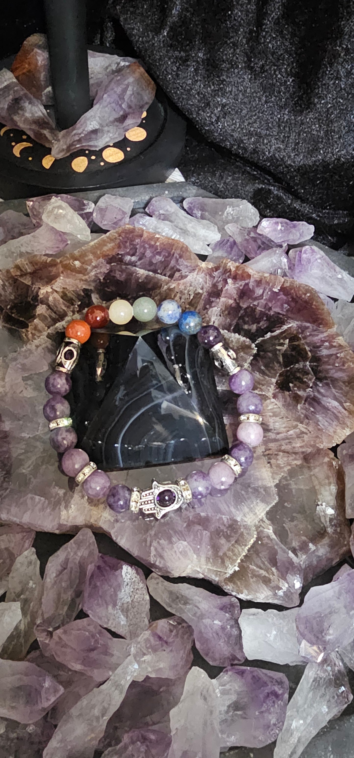 Lepdiolite Hamsa/Chakra Bracelet 8mm