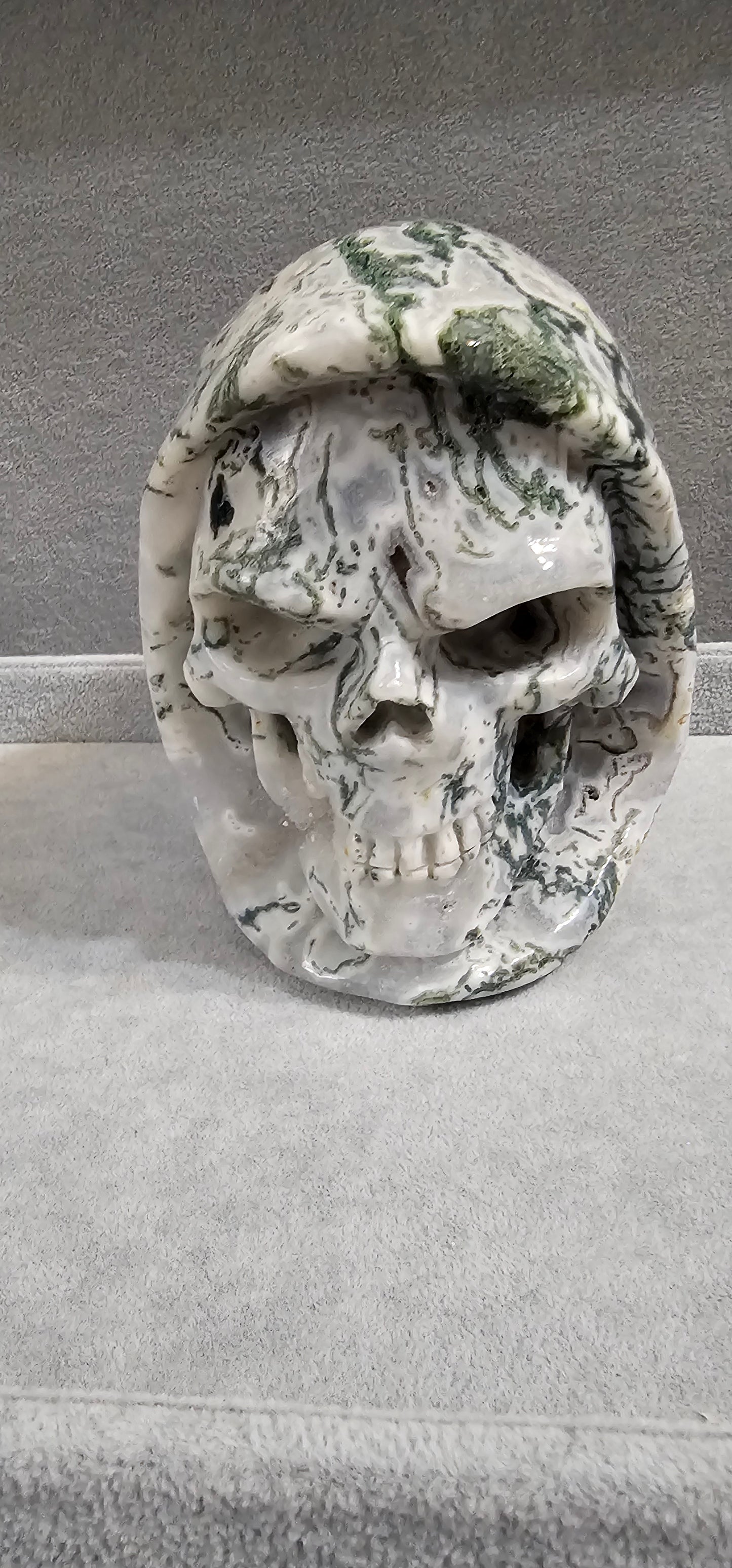 5.4" Green Moss Agate Crystal Death Skull, Hand Carved , Realistic, Crystal Healing-Skullis