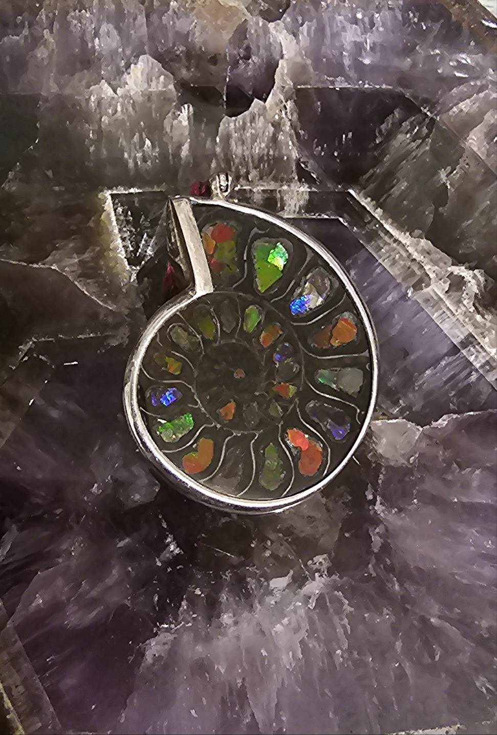 Ammonite inlaid with Ammolite Pendant