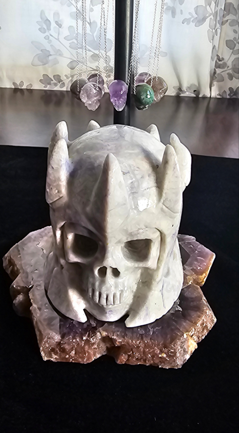 4.8" Lepidolite Crystal King Skull Hand Carved Crystal Skull, Realistic, Crystal Healing-Skullis