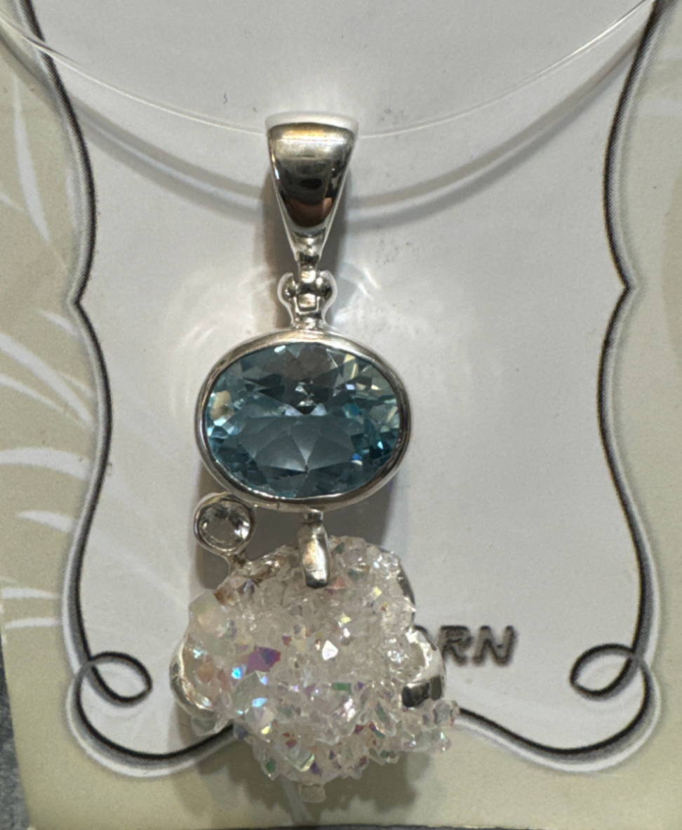 Blue Topaz, White Topaz and Angel Aura Quartz Crystal Pendant in Sterling Silver