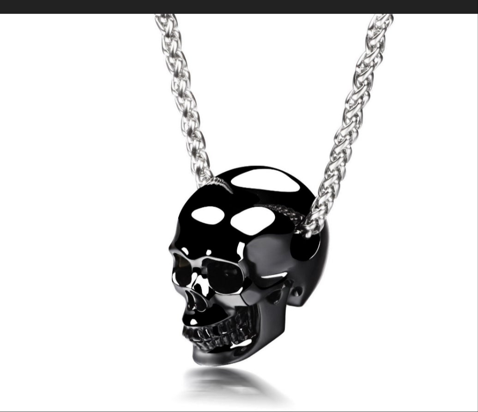 Black Obsidian-Skullis hand carved skull necklace with stainless steel chain