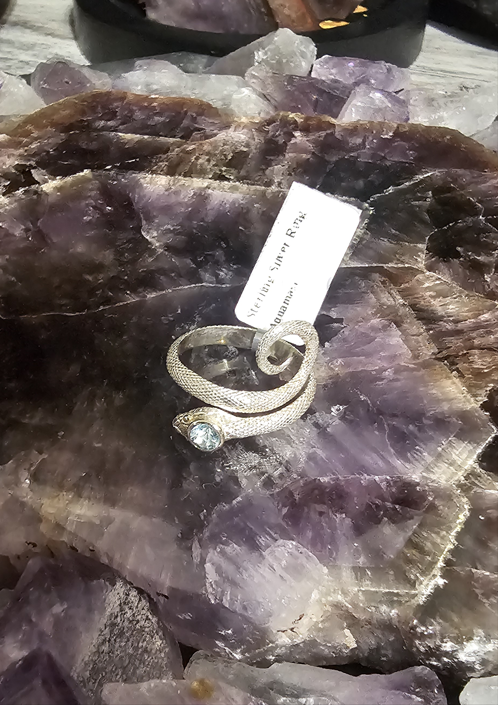 Aquamarine -Coiled Snake Ring with Faceted Aquamarine in Sterling Silver -size 7