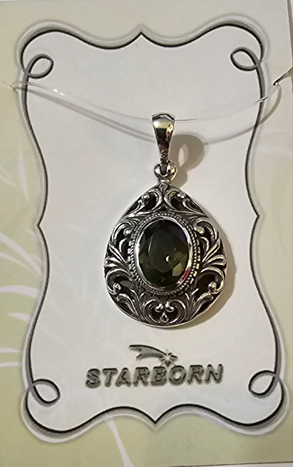 Moldavite (faceted) Filigree Frame Pendant in Sterling Silver