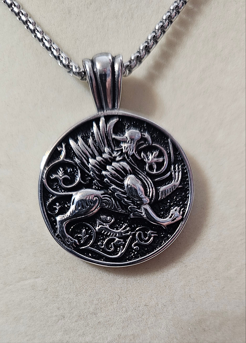 Silver Phoenix Bird Steel Hearts Necklace