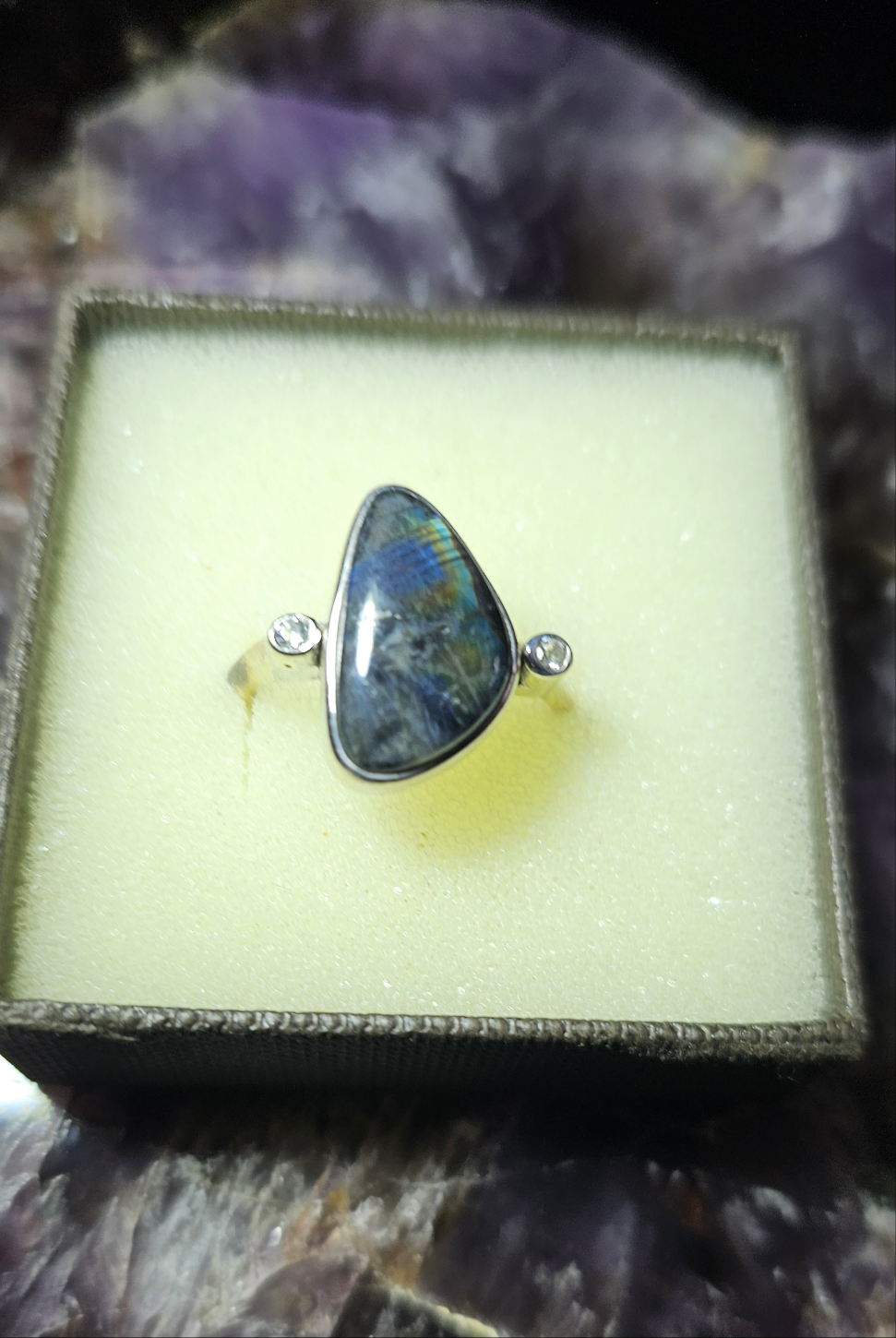 Spectrolite & White Topaz Ring size 8