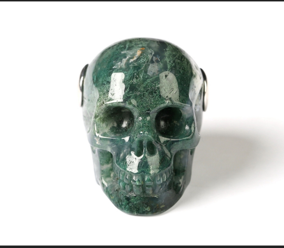 Green Moss Agate Hand Carved Skull Pendant 1.1"