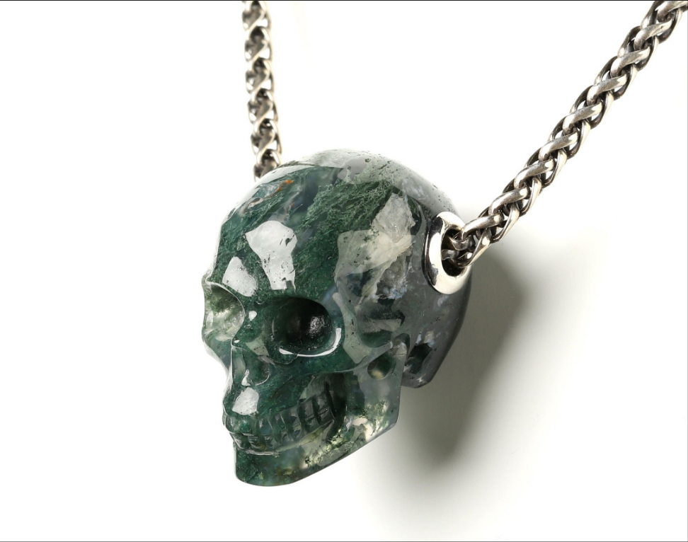 Green Moss Agate Hand Carved Skull Pendant 1.1"
