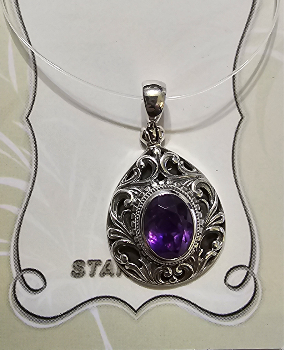 Amethyst Faceted Elegant Scroll Gemstone Pendant in Sterling Silver