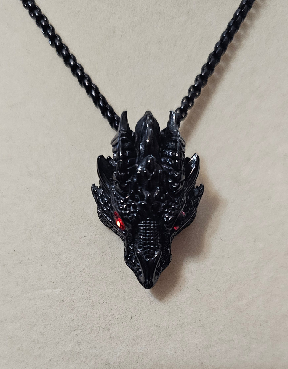 Black Gun Metal Red Eyed Dragon Steel Hearts Necklace