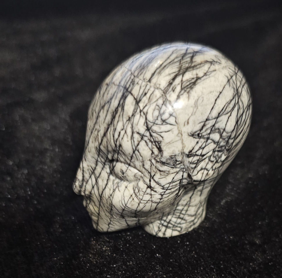 Black Network Jasper 2" Skullis Hand Carved Crystal Fairy Elf Alien, Realistic, Crystal Healing