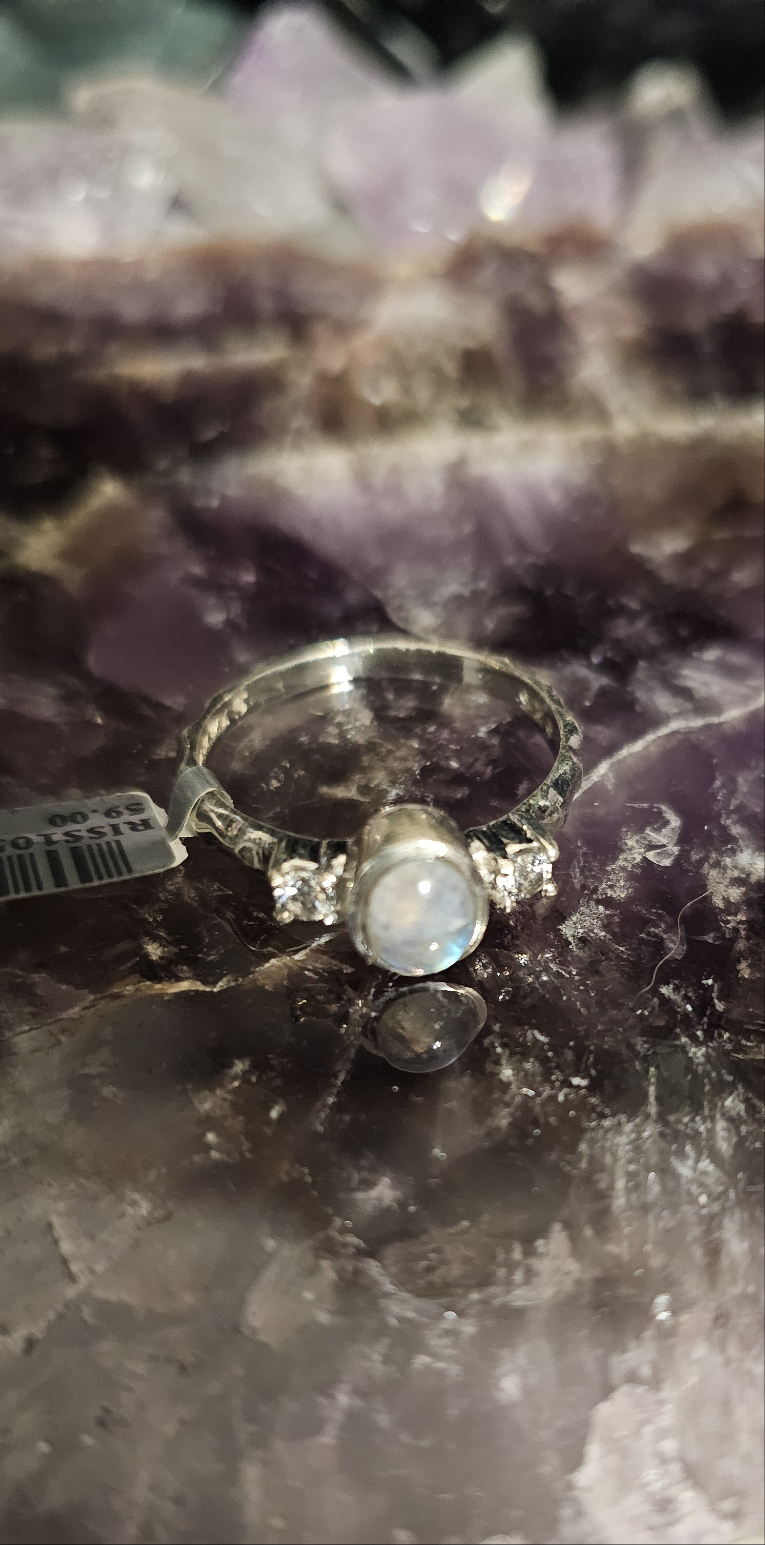 Rainbow Moonstone with white topaz ring size 10