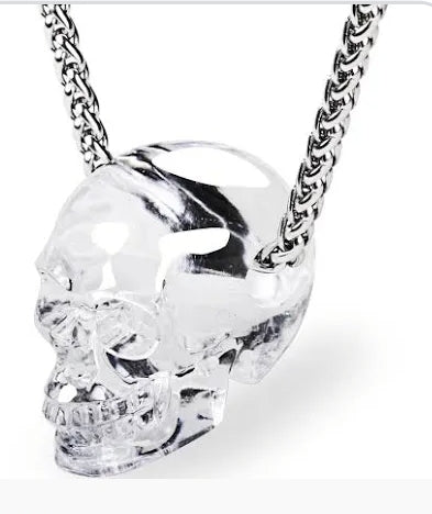 Clear Quartz-Skullis, Hand Carved Skull with Stainless Steel chain