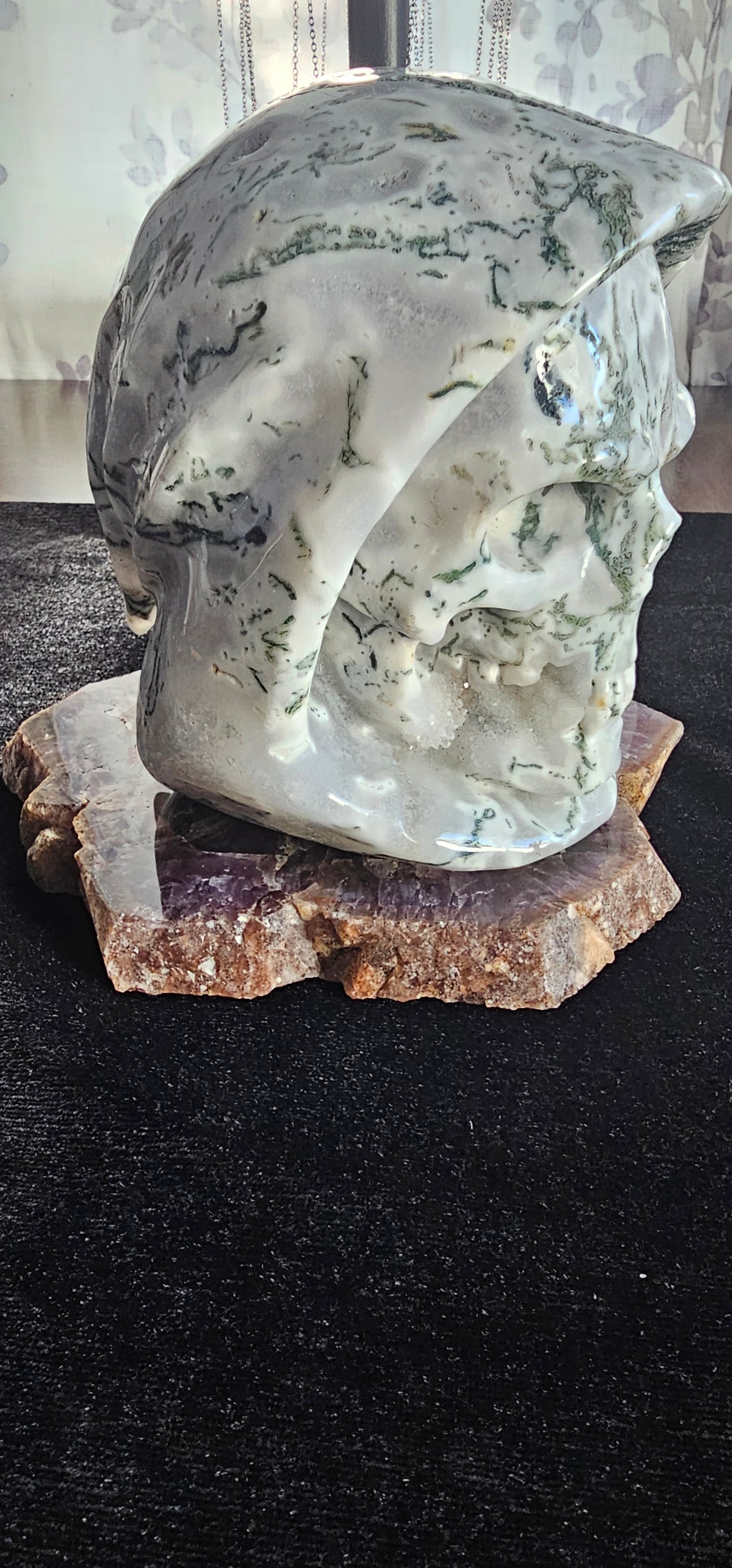 5.4" Green Moss Agate Crystal Death Skull, Hand Carved , Realistic, Crystal Healing-Skullis