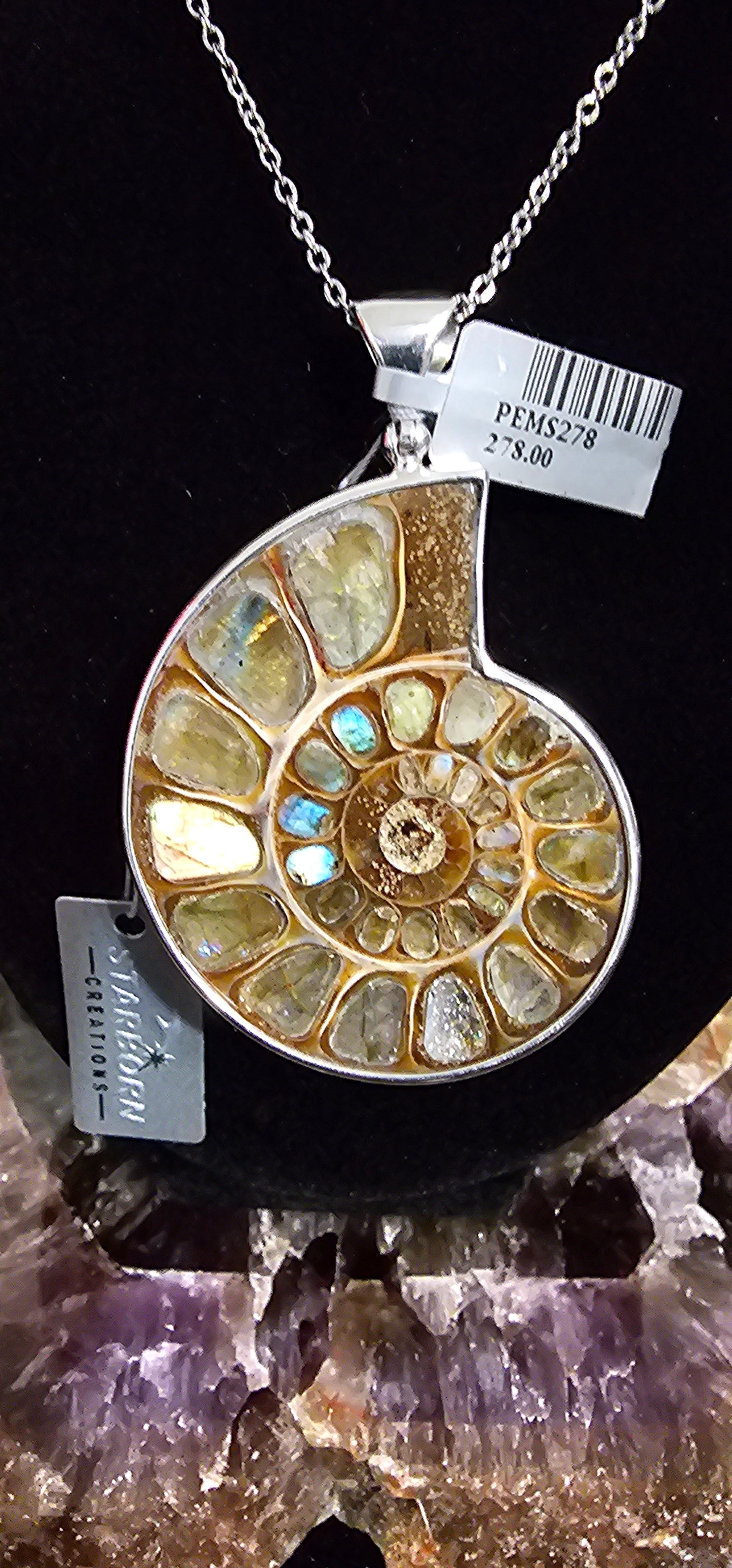 Ammonite inlaid with Labradorite Pendant in Sterling Silver