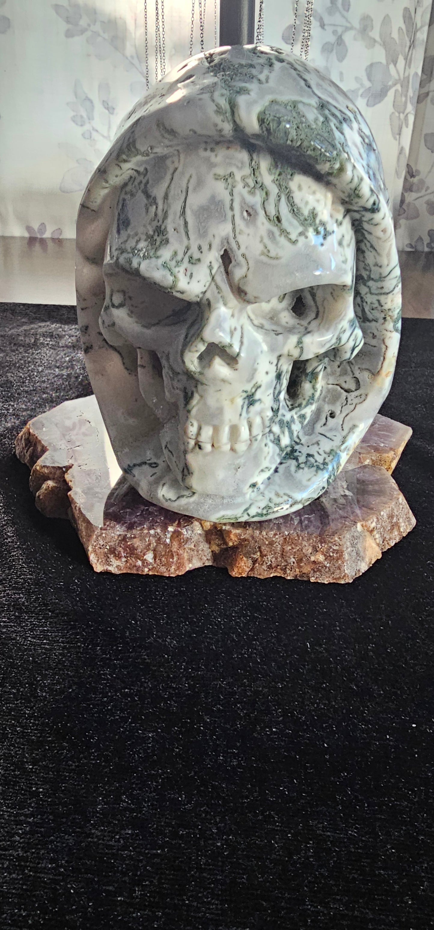 5.4" Green Moss Agate Crystal Death Skull, Hand Carved , Realistic, Crystal Healing-Skullis