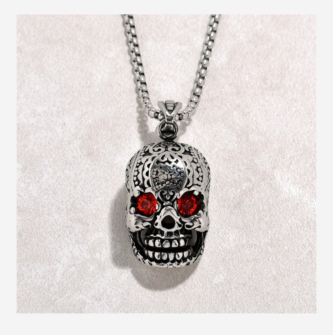 Silver Skull Steel Hearts Necklace