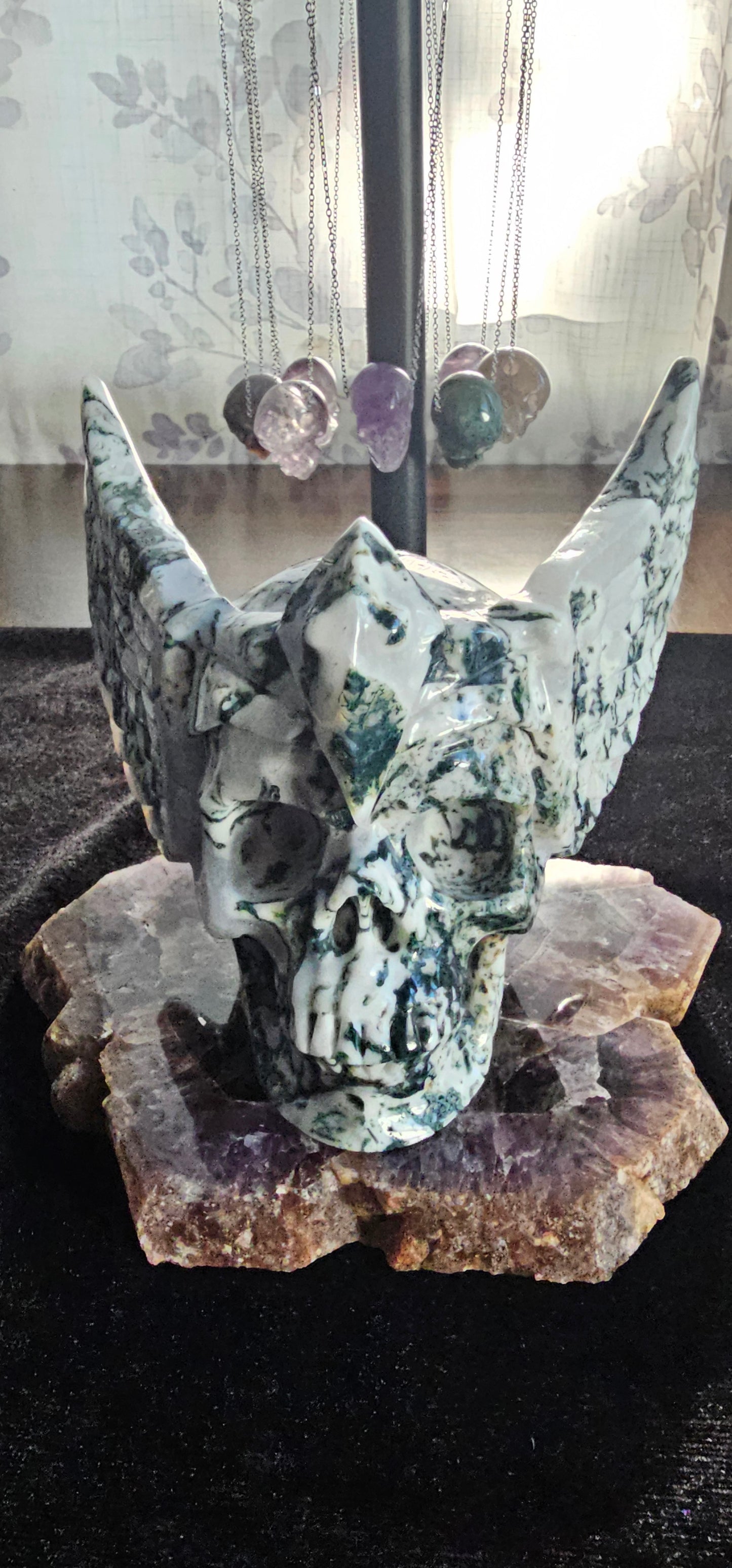 5.9 " Green Moss Agate Crystal Skull with Wings, Hand Carved, Realistic, Crystal Healing-Skullis