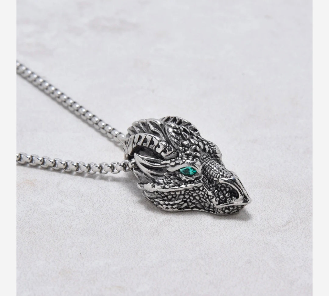 Silver Green Eyed Dragon Steel Hearts Necklace