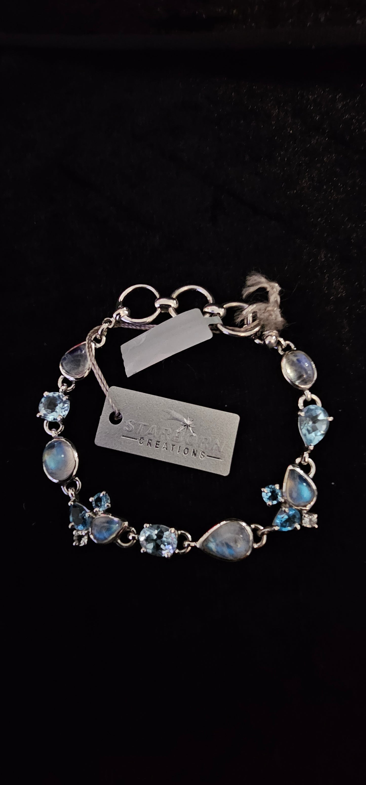Rainbow Moonstone, Blue Topaz, and White Topaz