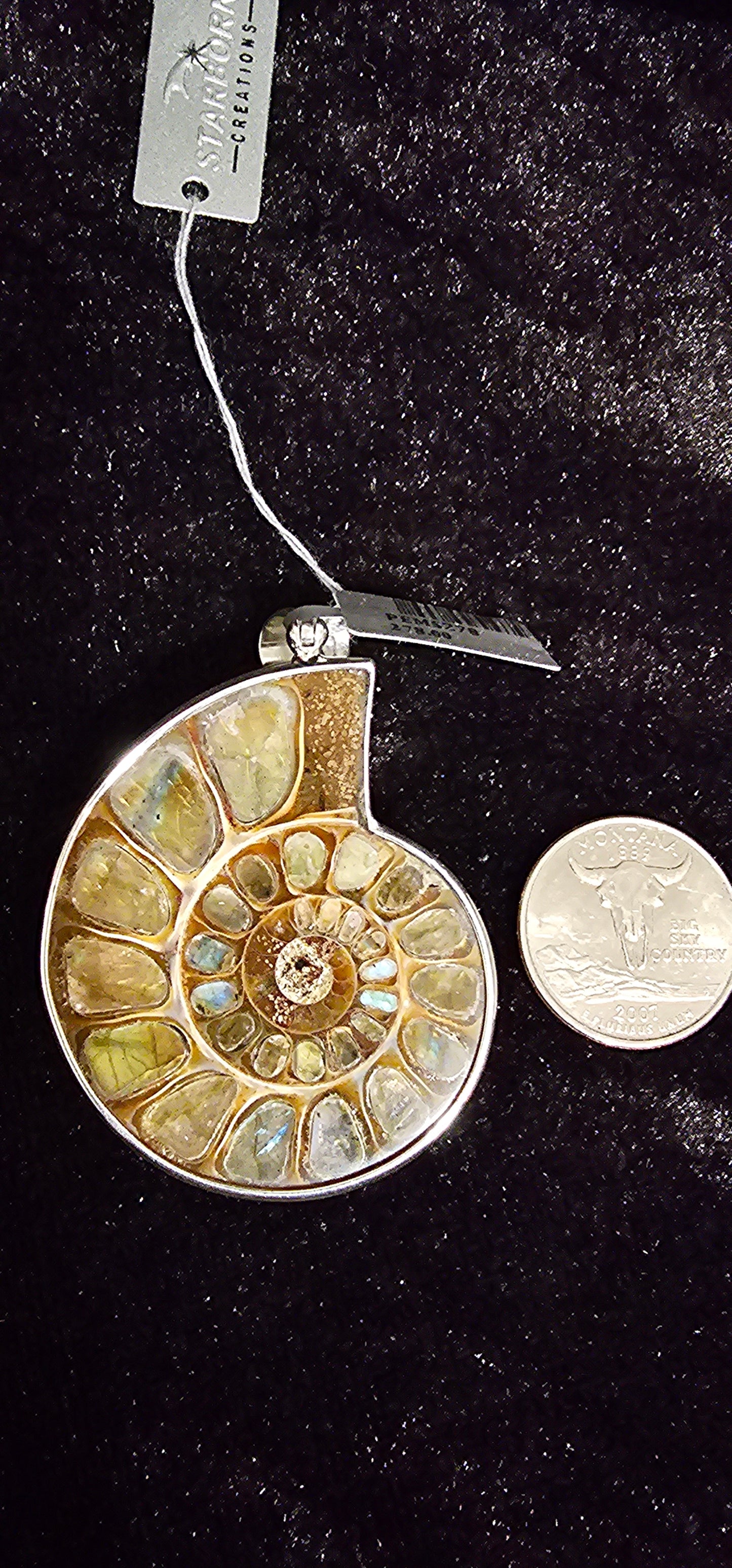 Ammonite inlaid with Labradorite Pendant in Sterling Silver