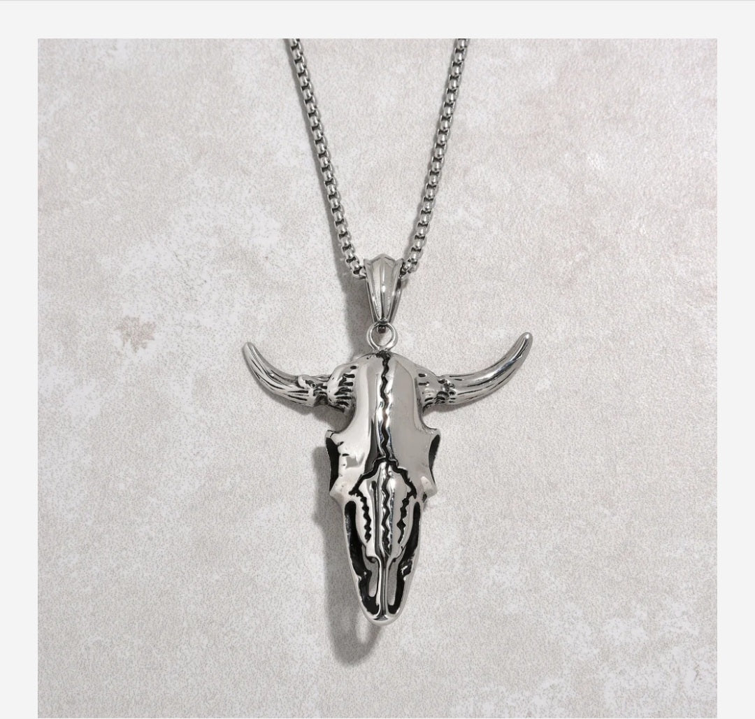 Silver Large Bull Skull Steel Hearts Necklace