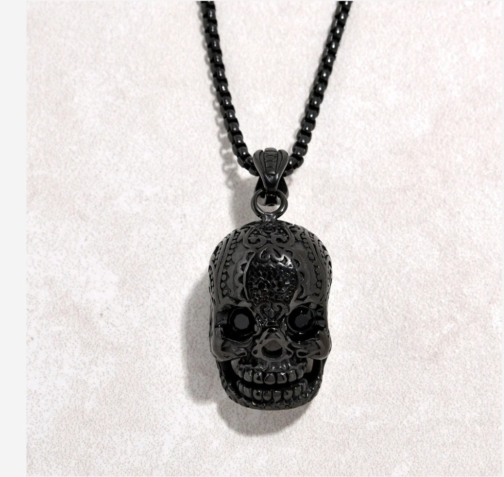Black Gun Metal Skull Steel Hearts Necklace