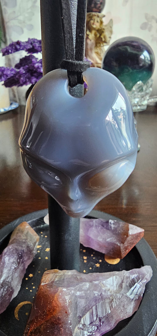 Gray and White Agate Pendant- 1.4” Alien Pendant