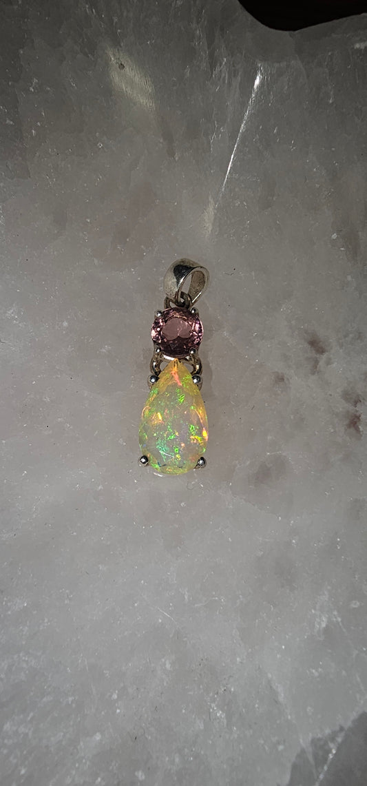 Pink Tourmaline and Opal in Sterling Silver Pendant