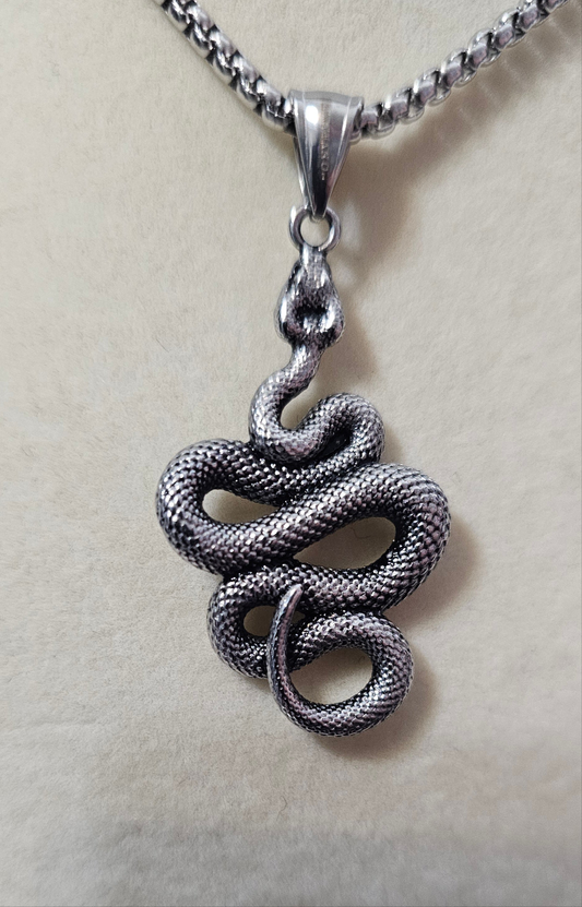 Silver Snake Steel Hearts Necklace