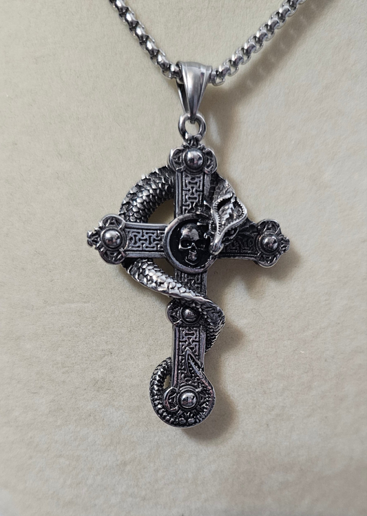 Silver Dragon Cross Steel Hearts Necklace