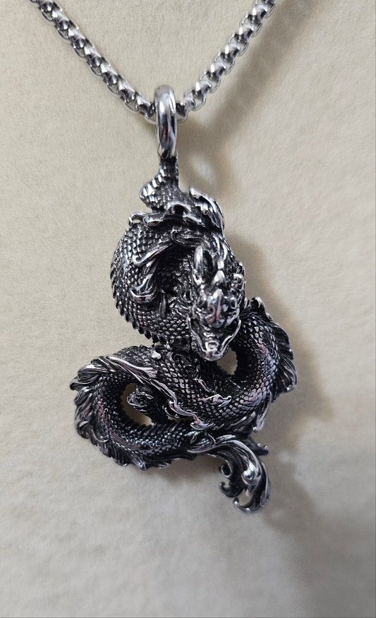 Silver Dragon Steel Hearts Necklace