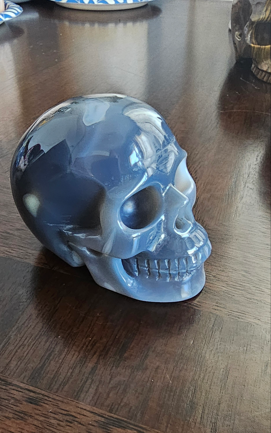 Gray and White 3.4" Skullis, Hand Carved Crystal Skull, Realistic, Crystal Healing