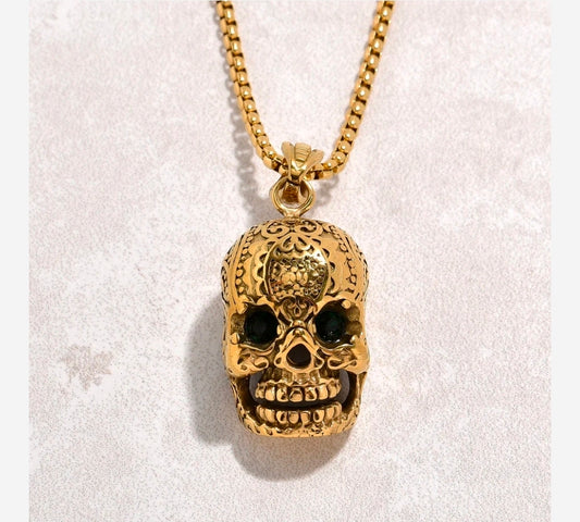 Gold Skull Steel Hearts Necklace
