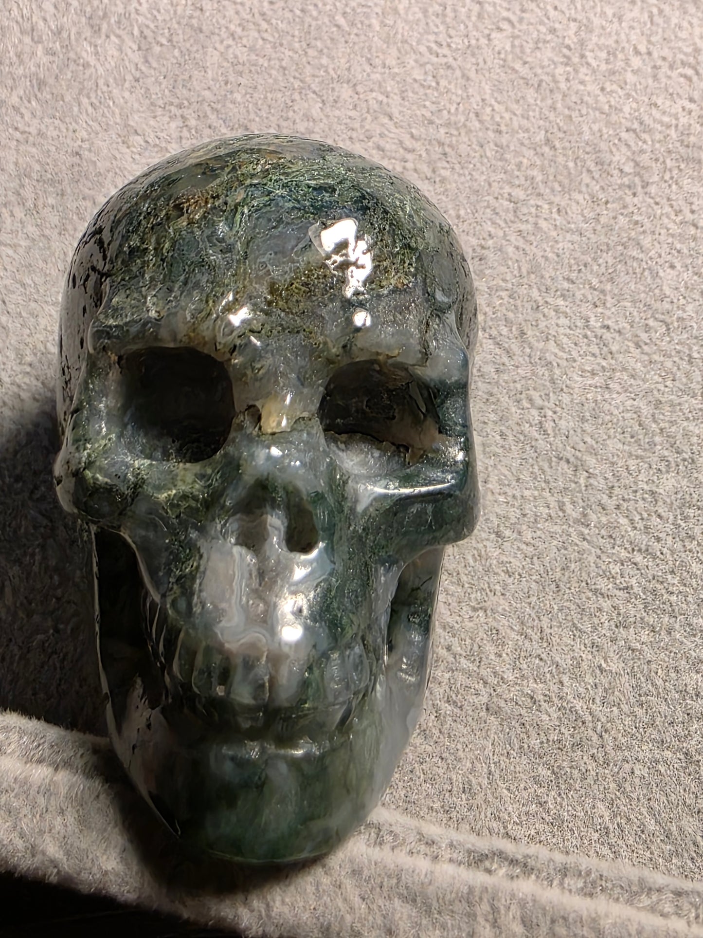 2.0" Green Moss Agate, Hand Carved Crystal Skull, Realistic, Crystal Healing