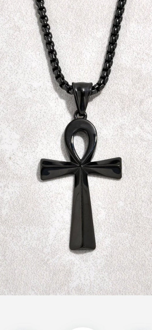 Black Gun Metal Ankh Cross Steel Hearts Necklace