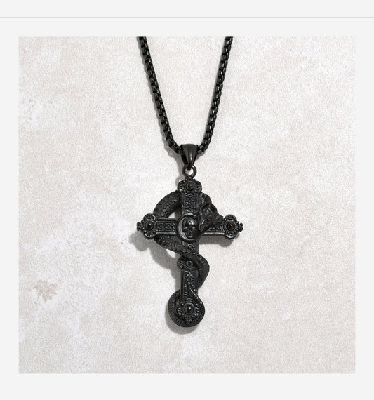 Black Gun Metal Dragon Cross Steel Hearts Necklace