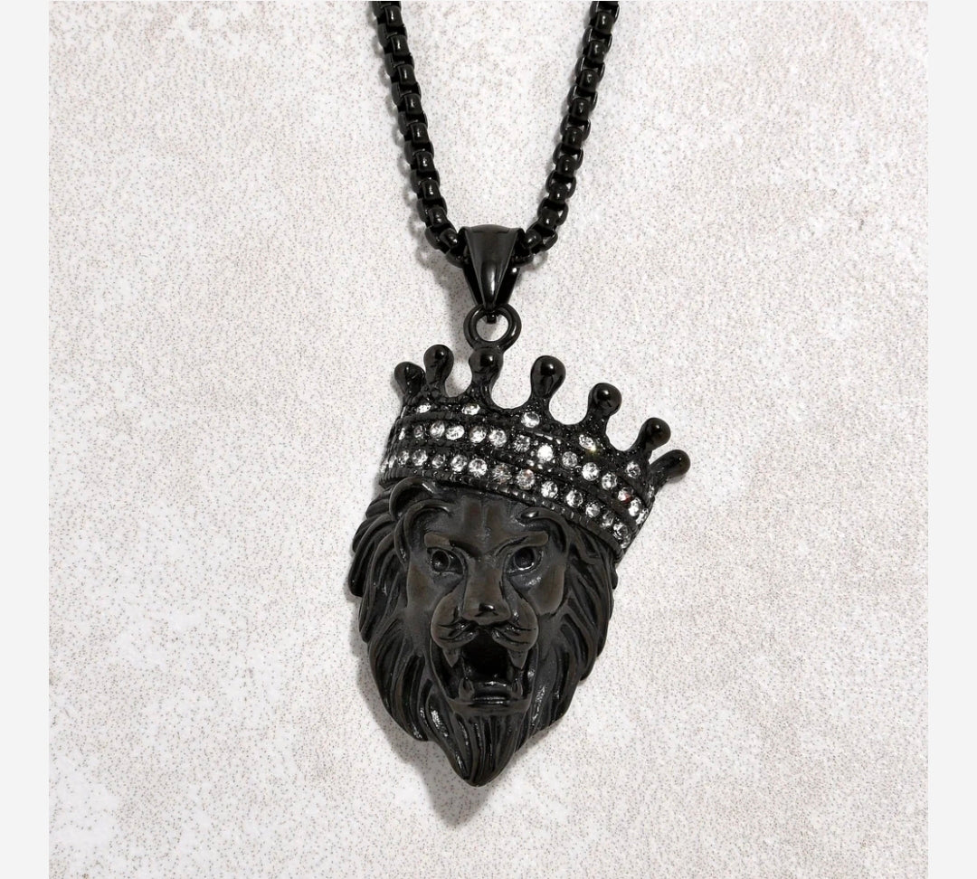 Black Gun Metal Lion Steel Hearts Necklace