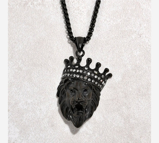 Black Gun Metal Lion Steel Hearts Necklace