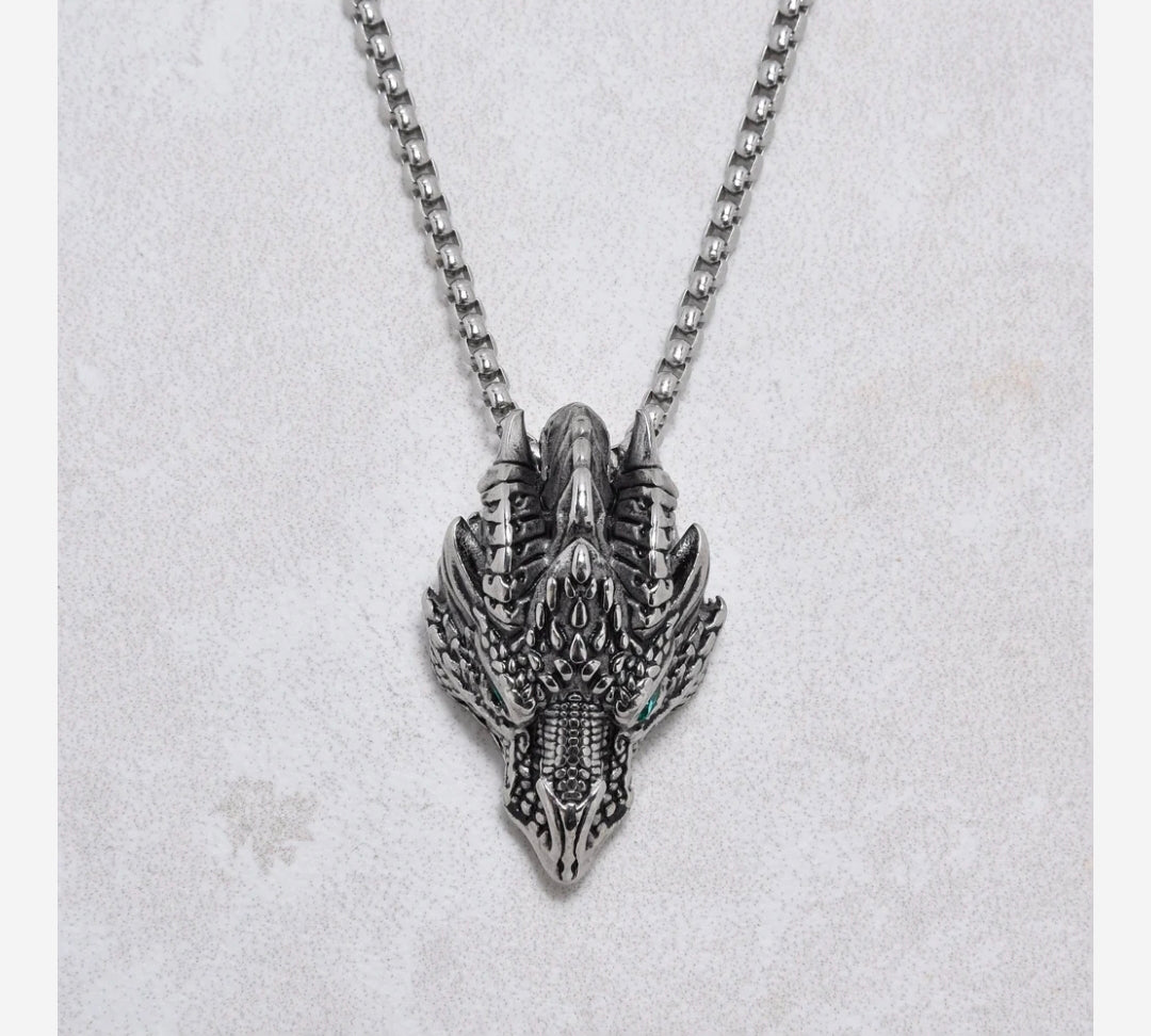 Silver Green Eyed Dragon Steel Hearts Necklace