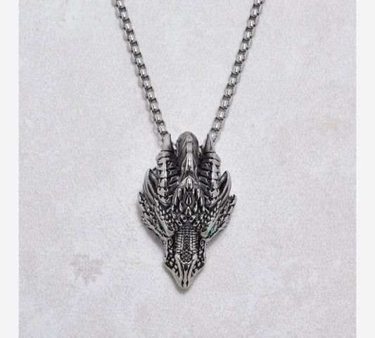 Silver Green Eyed Dragon Steel Hearts Necklace