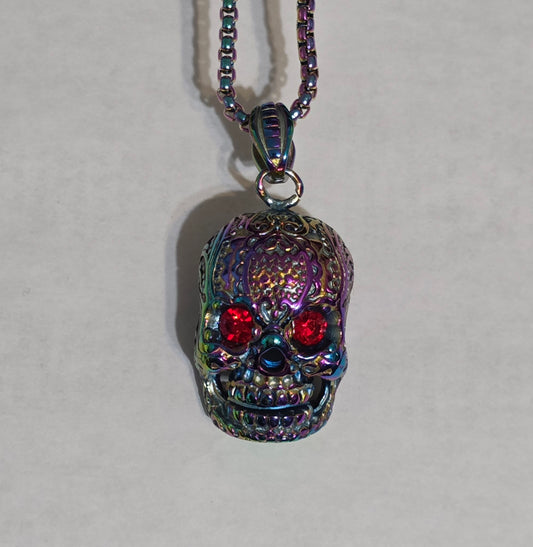 Aurora Borealis Skull Steel Hearts Necklace