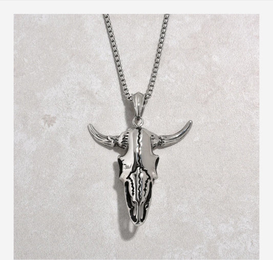 Silver Large Bull Skull Steel Hearts Necklace