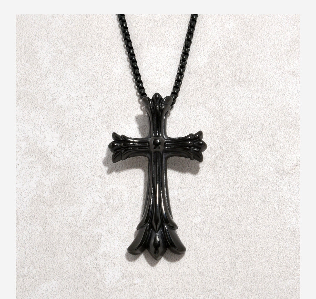Black Gun Metal Cross Steel Hearts Necklace