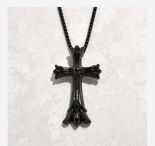 Black Gun Metal Cross Steel Hearts Necklace