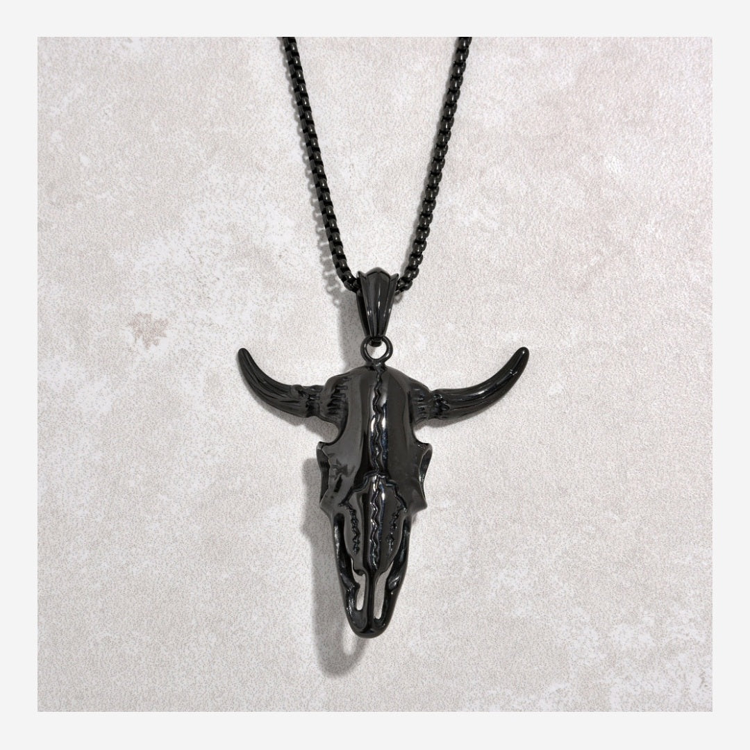 Black Gun Metal Large Bull Skull Steel Hearts Necklace