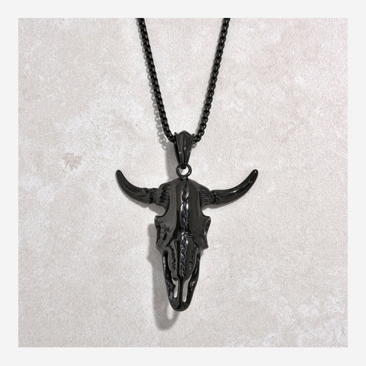 Black Gun Metal Large Bull Skull Steel Hearts Necklace
