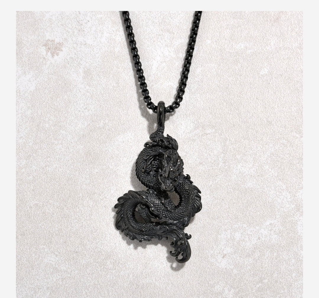 Black Gun Metal Dragon Steel Hearts Necklace